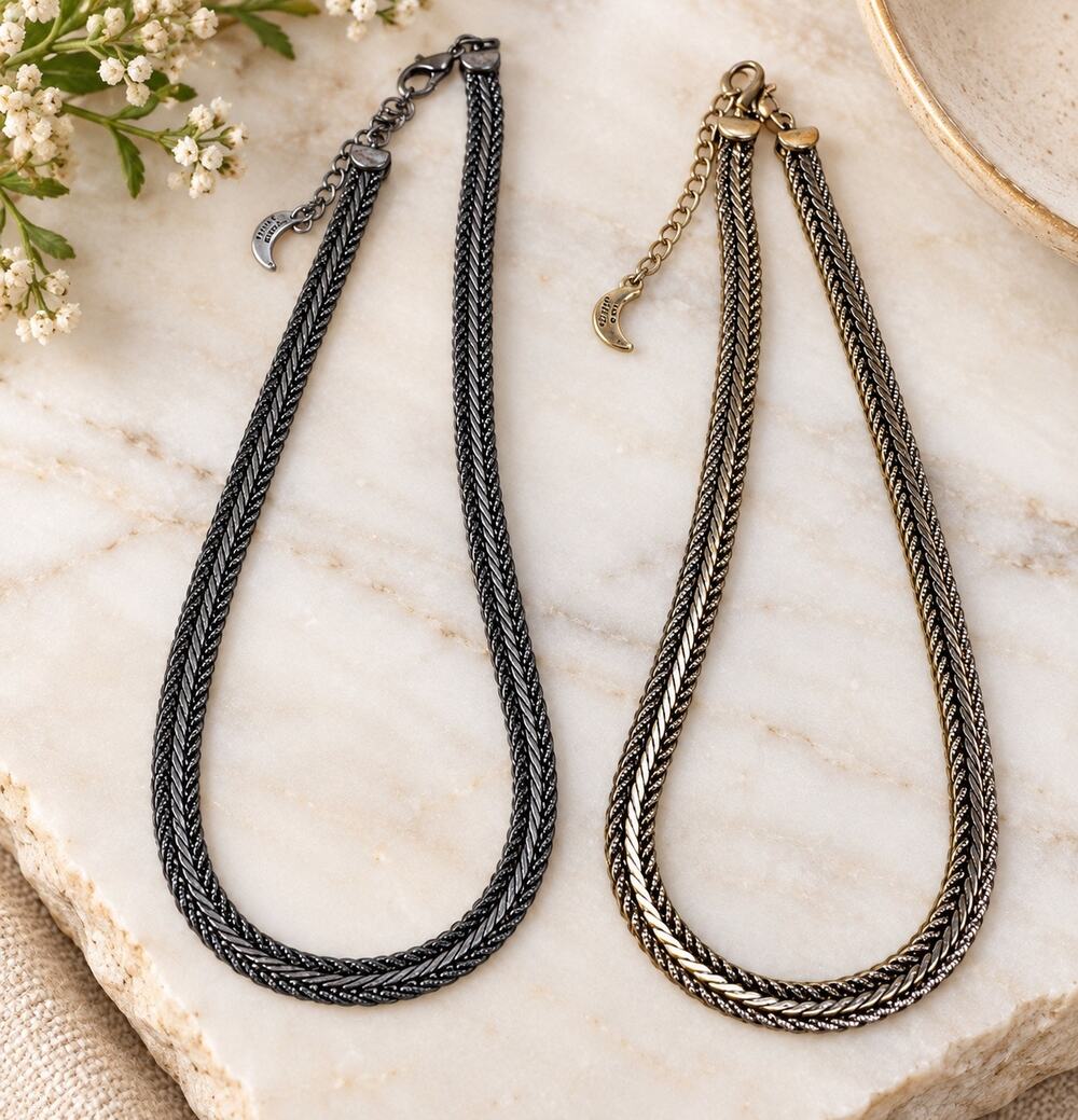 Luna Norte Braided Gunmetal Silver Bronze Tone Necklace Boho Jewelry Set of 2